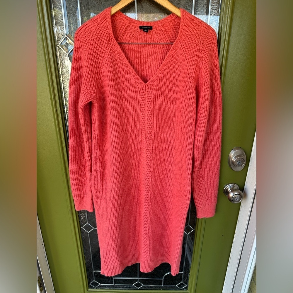 Ann Taylor Coral Alpaca Wool Thick Cable Knit V-Neck Midi Sweater Dress Sz. L